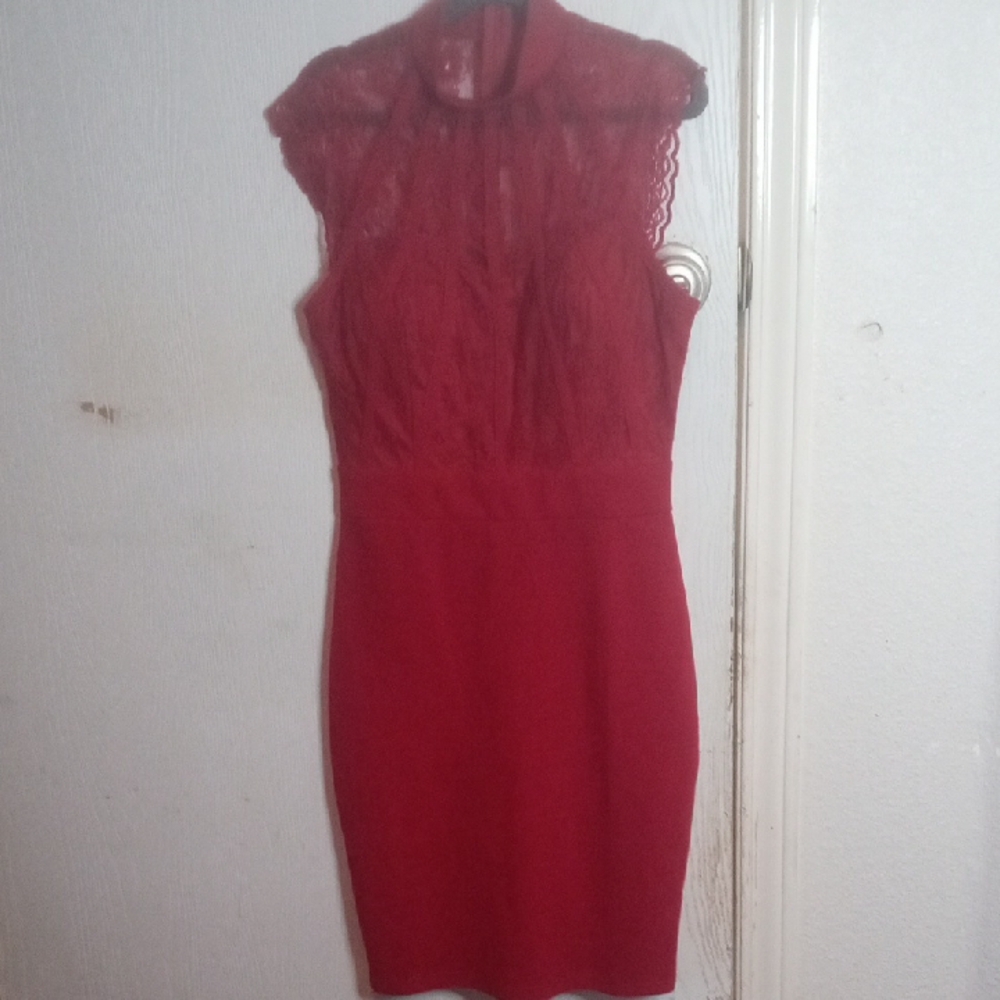 Red Sheath Mini Dress with Mock Neck